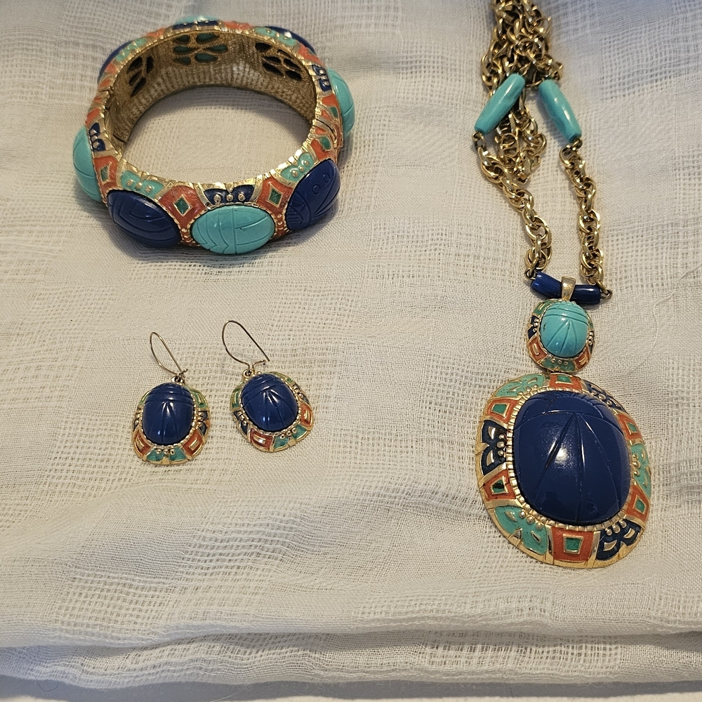 Gold-Tone Blue & Turquoise Scarab Pendant Necklace, Bracelet & Earring Set